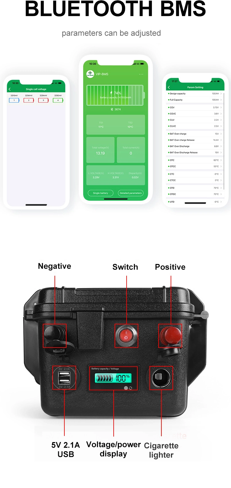 Waterproof 12.8V 100ah LiFePO4 Battery Pack Build-in Bluetooth BMS for Solar RV EV Camper Yacht Inverter with Charger